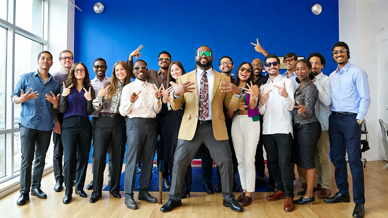 The Legendz Consulting team — fifteen diverse fundraisers in the Oakville office, gathered in front of the cobalt-blue brand wall.